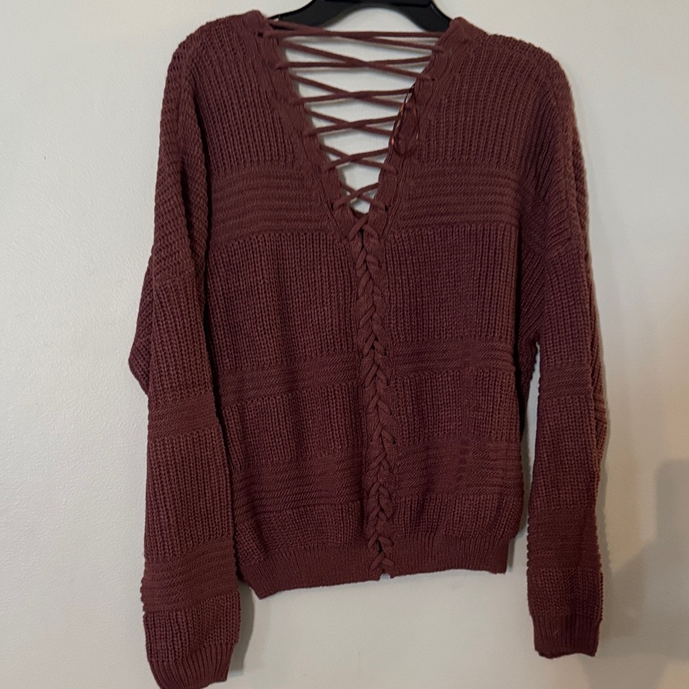 Daytrip V-Neck Sweater with Crisscross Back in Brown - Picture 2 of 5